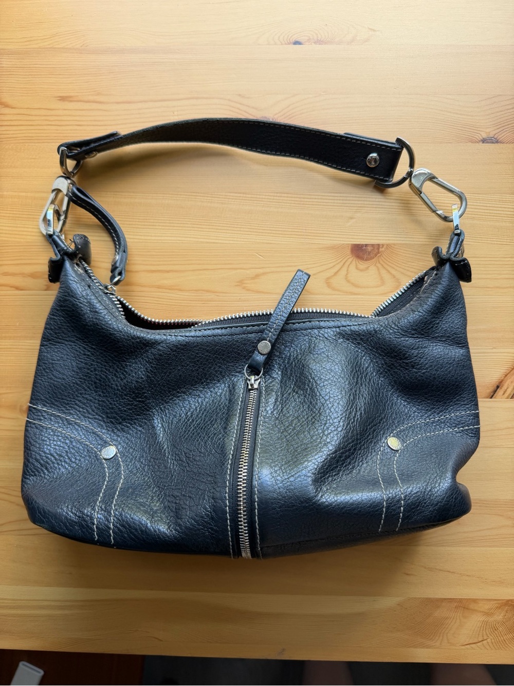 Longchamp Black Leather Shoulder Bag with Silver Hardware
